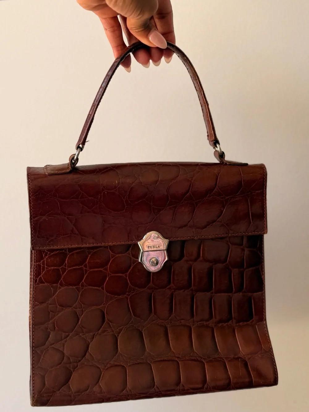 Vintage Furla Dark Brown Croc-Embossed Leather Top Handle Satchel
